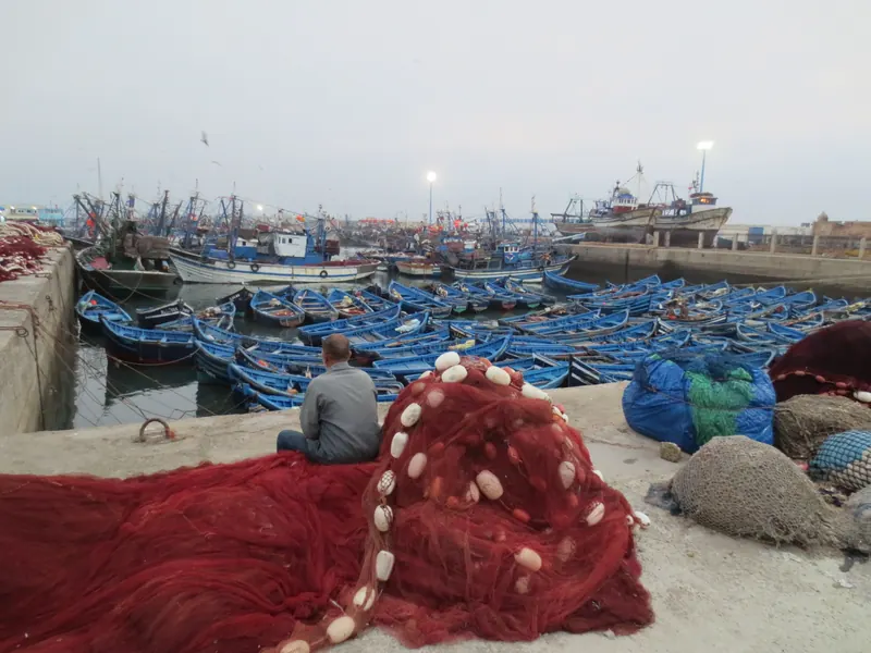 Blue fishing boats and red nets in Essaouira harbour