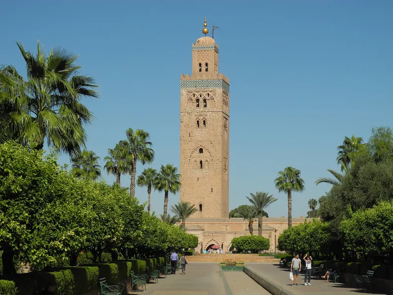 The Koutoubia minaret rising above palm gardens in Marrakech