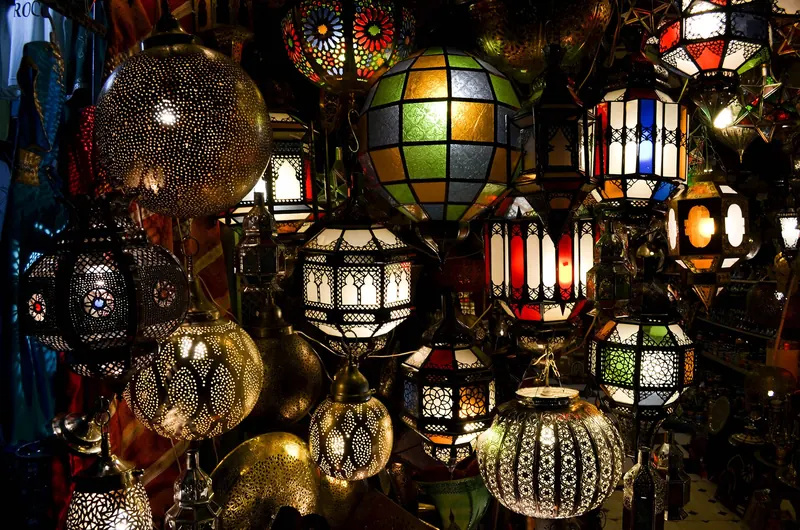 Colourful lanterns for sale in a Marrakech souk